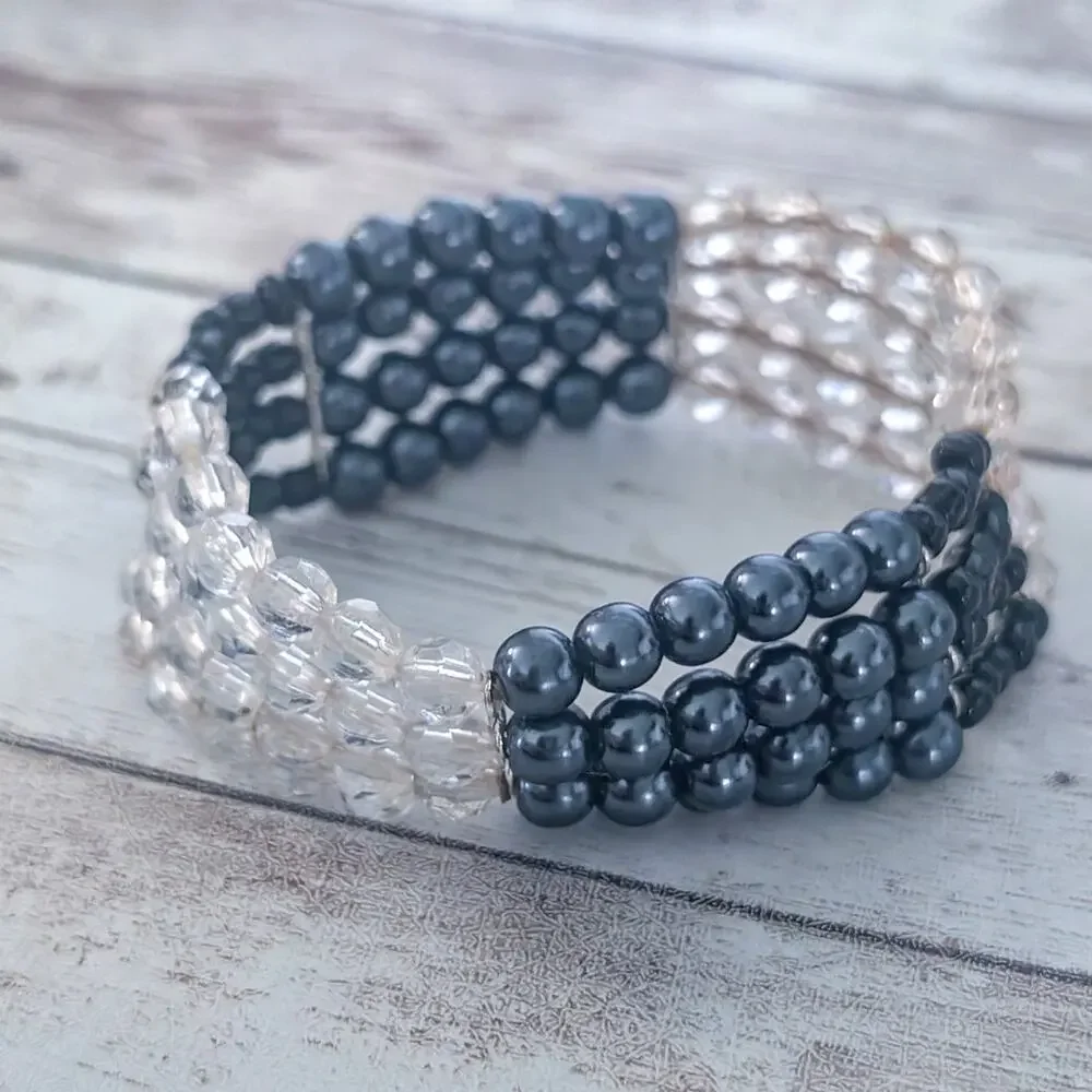 Vintage Stretch Bracelet Three Row Blue, Black, Frosted
